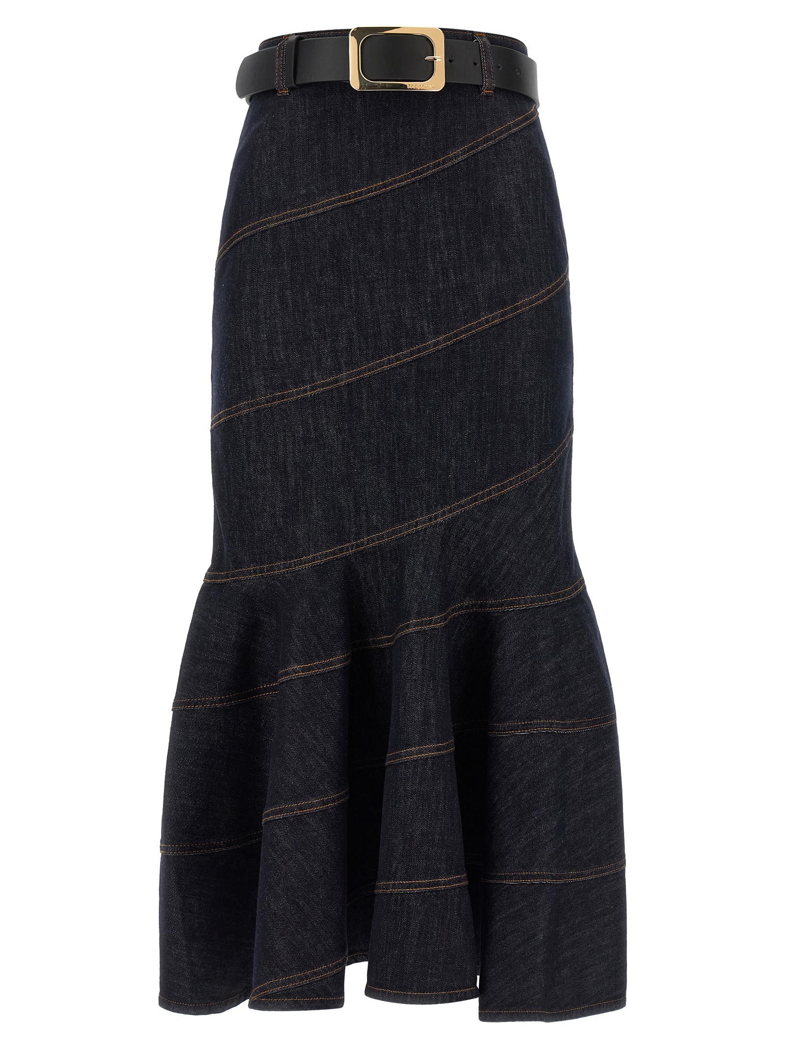 SELF PORTRAIT 'Indigo Denim Belted Midi' Skirt