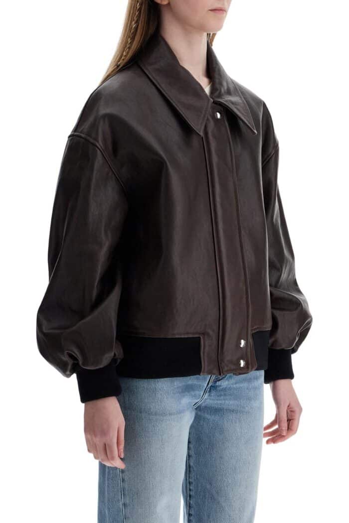 KHAITE Dark Brown Leather Jacket With Puff Sleeves