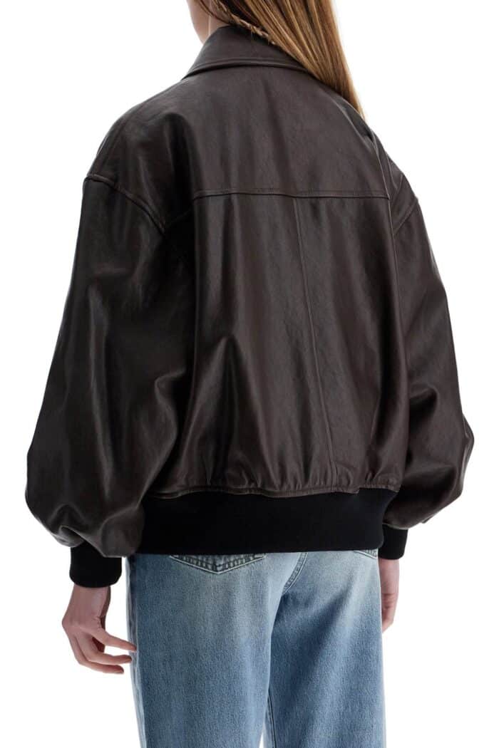 KHAITE Dark Brown Leather Jacket With Puff Sleeves