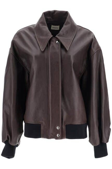 KHAITE Dark Brown Leather Jacket With Puff Sleeves