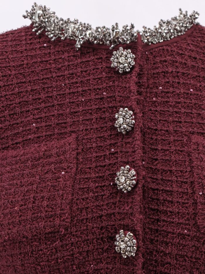 SELF PORTRAIT Knitted Bordeaux Dress With Jewel Details