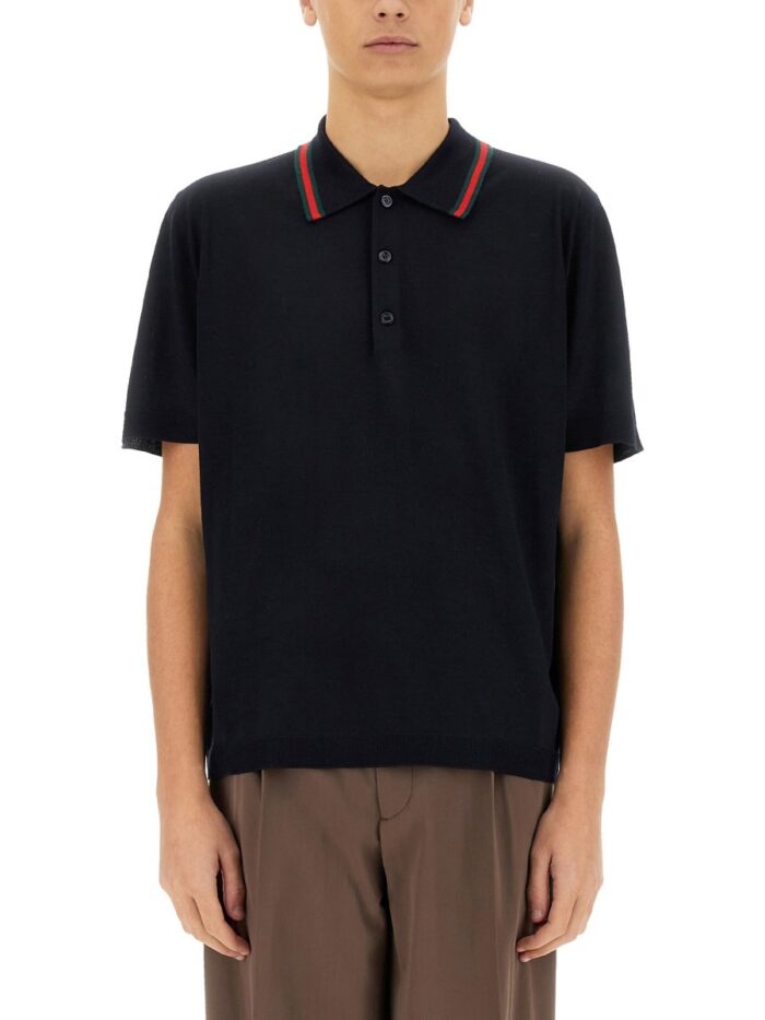 gucci knitted wool polo shirt with web pattern Gucci KNITTED WOOL POLO SHIRT WITH WEB PATTERN