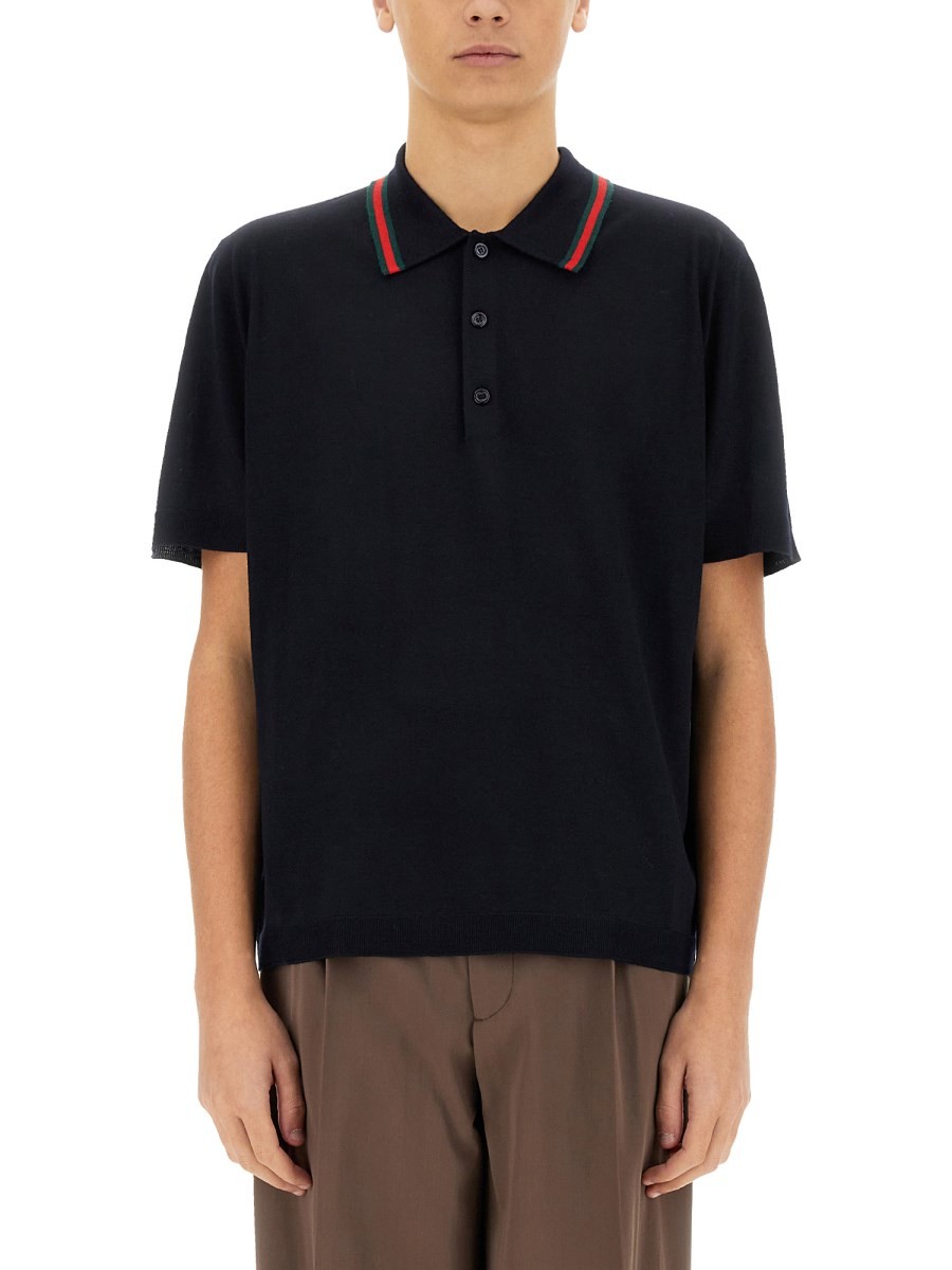 Gucci KNITTED WOOL POLO SHIRT WITH WEB PATTERN