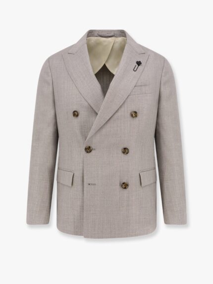 Lardini Double-breasted Wool Blend Blazer With Iconic Brooch