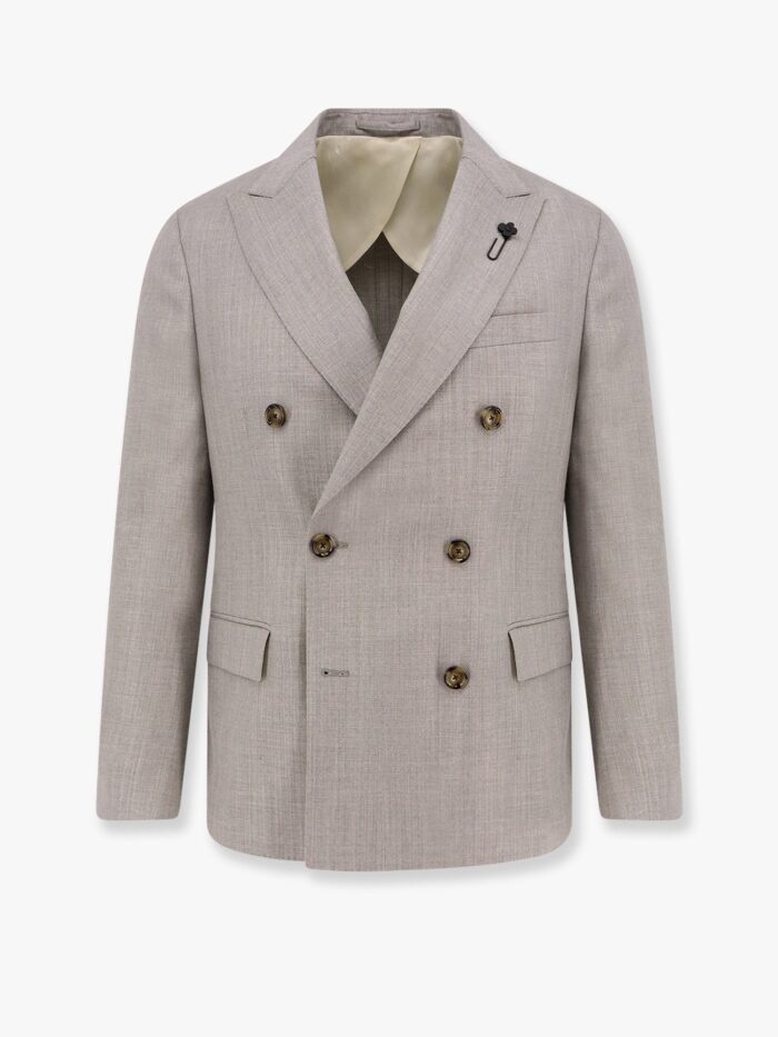Lardini Double-breasted Wool Blend Blazer With Iconic Brooch