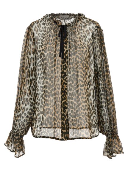 GANNI 'Leopard Print Chiffon Tie String' Shirt
