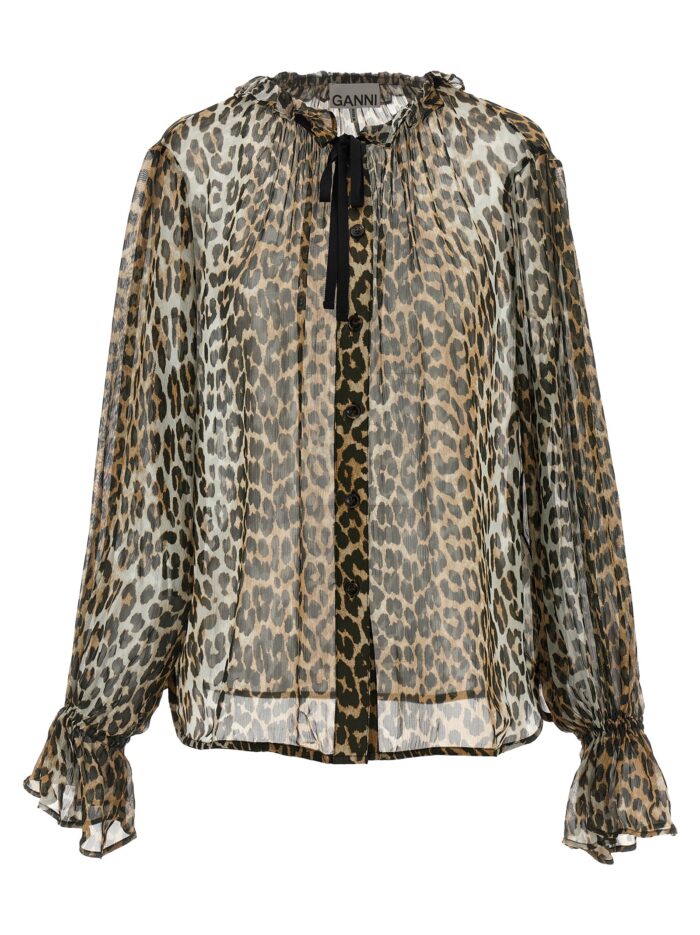 ganni 'leopard print chiffon tie string' shirt GANNI 'Leopard Print Chiffon Tie String' Shirt