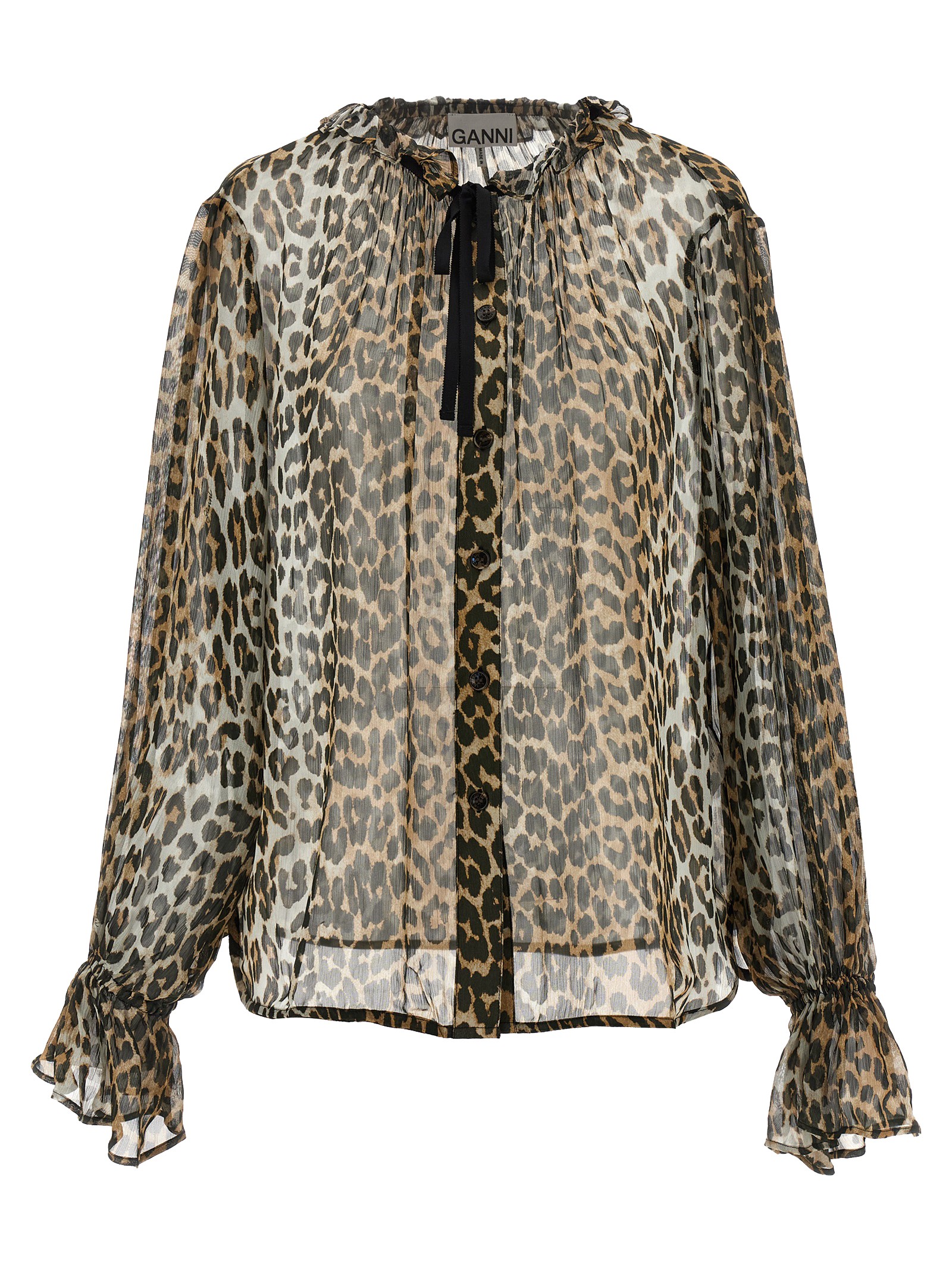 GANNI 'Leopard Print Chiffon Tie String' Shirt
