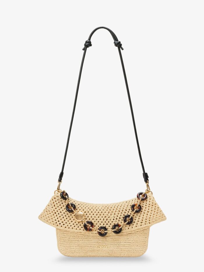 LOEWE Paula's Ibiza -Ola Medium Raffia Shoulder Bag With Metal Logo Lettering