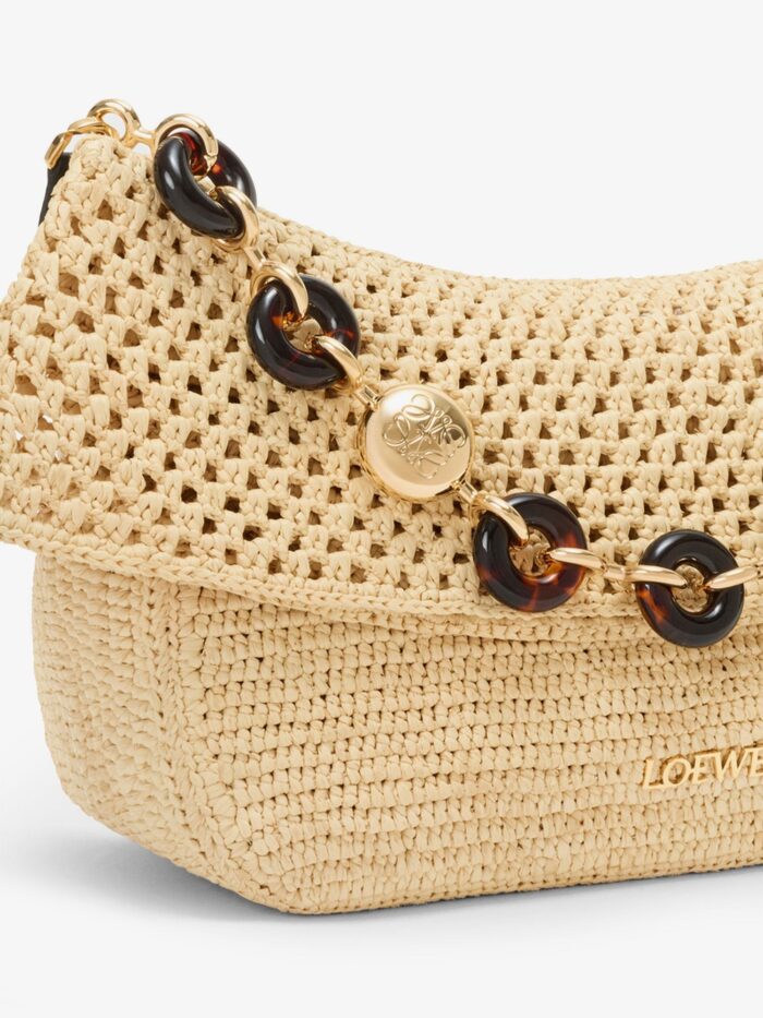 LOEWE Paula's Ibiza -Ola Medium Raffia Shoulder Bag With Metal Logo Lettering