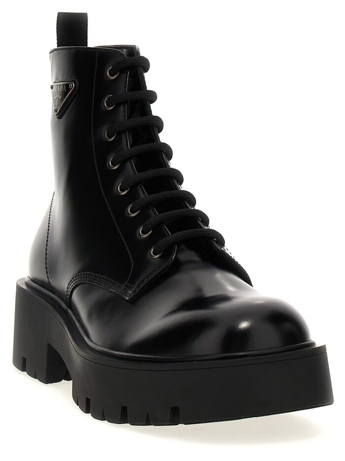 PRADA Logo Brushed Leather Ankle Boots