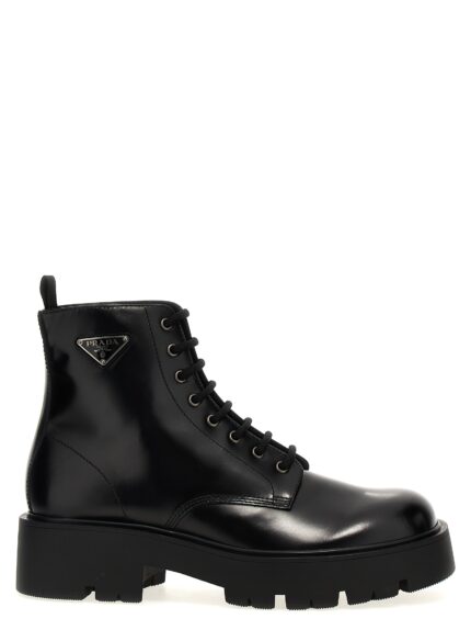 PRADA Logo Brushed Leather Ankle Boots