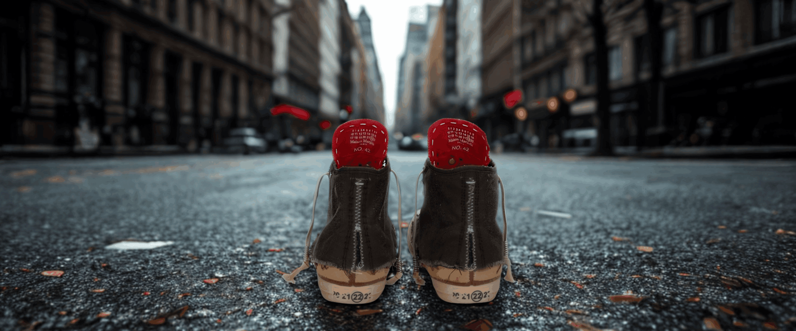 Pair of Maison Margiela “Loved to Death” sneakers with red heel tabs displayed on a city street, symbolizing worn luxury and contemporary urban style — men’s designer sneakers collection at THE WISHLINE.