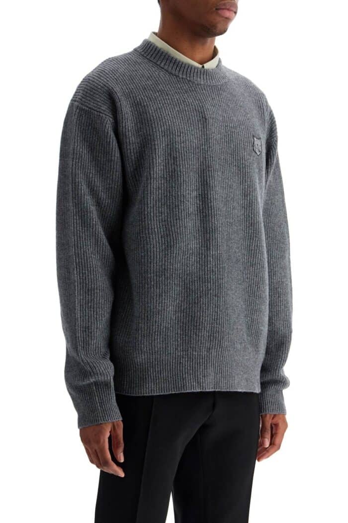 MAISON KITSUNE Gray Mlange Wool Sweater With Embroidered Fox Logo