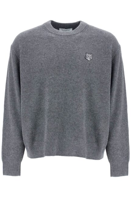 MAISON KITSUNE Gray Mlange Wool Sweater With Embroidered Fox Logo