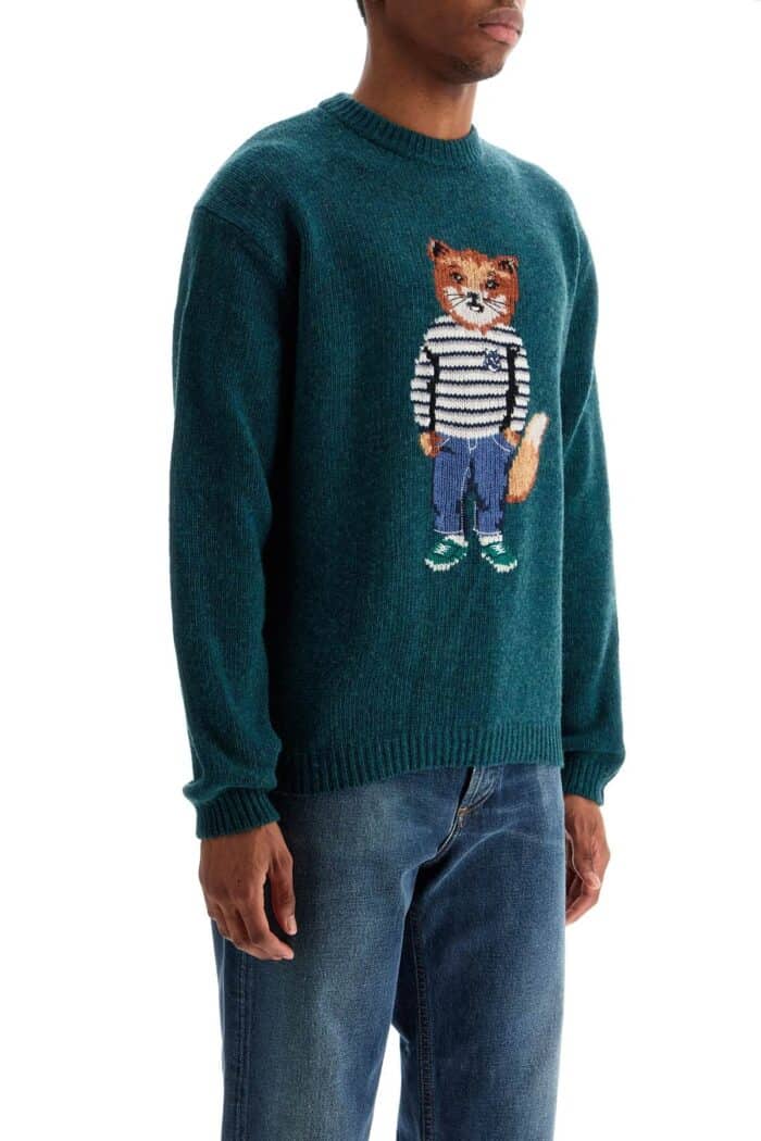 MAISON KITSUNE Green Wool Sweater With Fox Intarsia