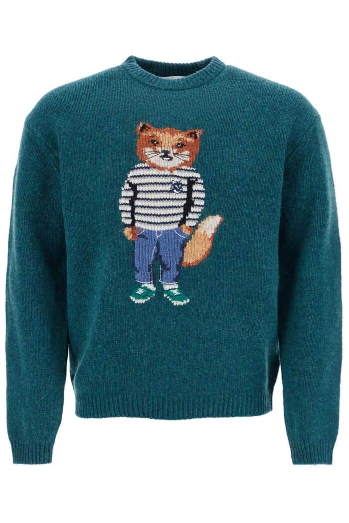 MAISON KITSUNE Green Wool Sweater With Fox Intarsia