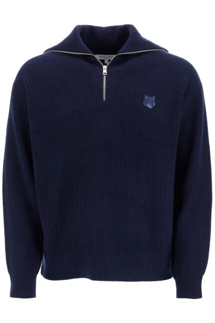 MAISON KITSUNE Ink Blue Wool Sweater With Fox Head Patch And Half Zip