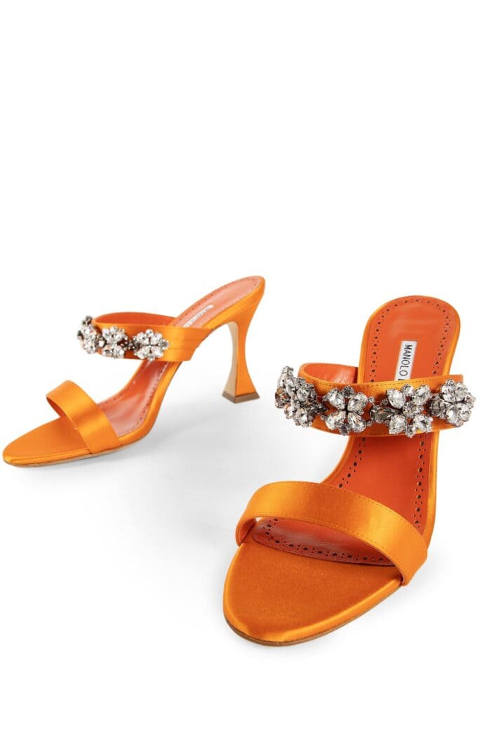 MANOLO BLAHNIK Persan Satin Jewel Strap Mules