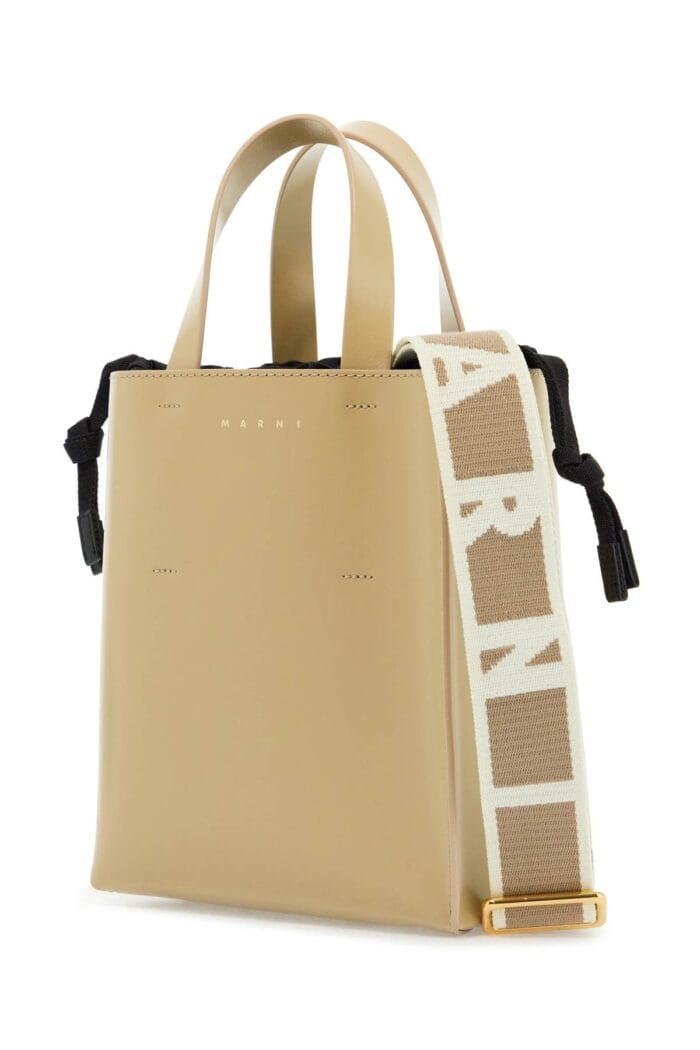 MARNI Beige Leather Shopping Bag With Short Handles And Shoulder Strap