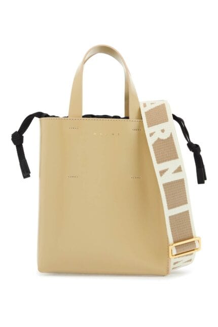 MARNI Beige Leather Shopping Bag With Short Handles And Shoulder Strap