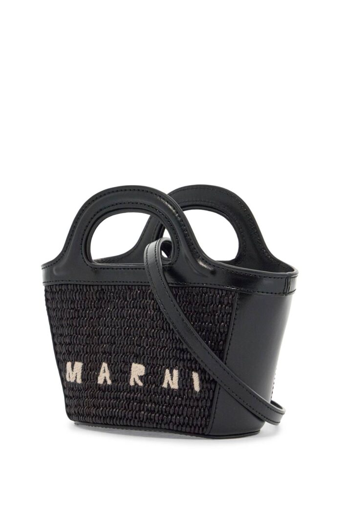 MARNI Black Woven Cotton And Nylon Handbag With Leather Details And Removable Shoulder Strap