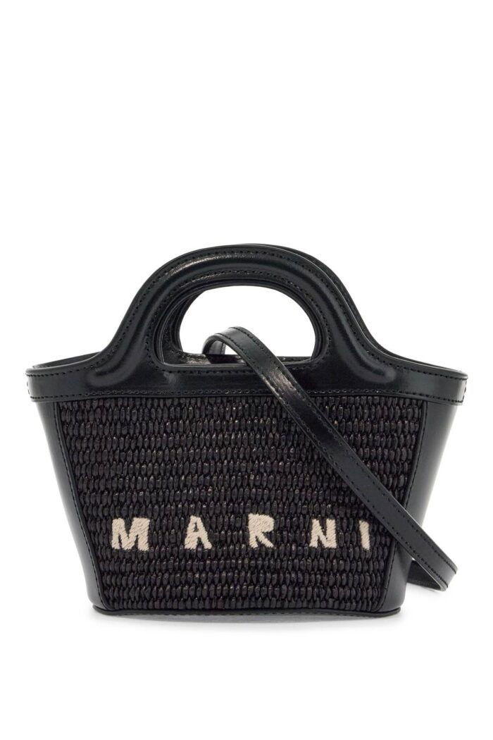 MARNI Black Woven Cotton And Nylon Handbag With Leather Details And Removable Shoulder Strap