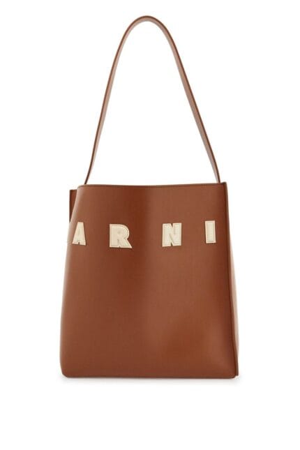 MARNI Brown Structured Calfskin Shopping Bag With Ivory Details