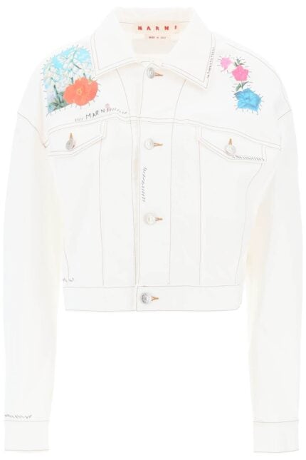 MARNI "cropped Denim Jacket With Flower Patches And Embroidery"