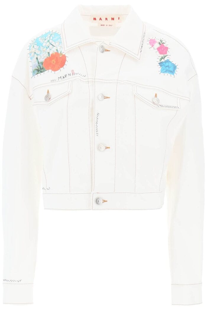 MARNI "cropped Denim Jacket With Flower Patches And Embroidery"