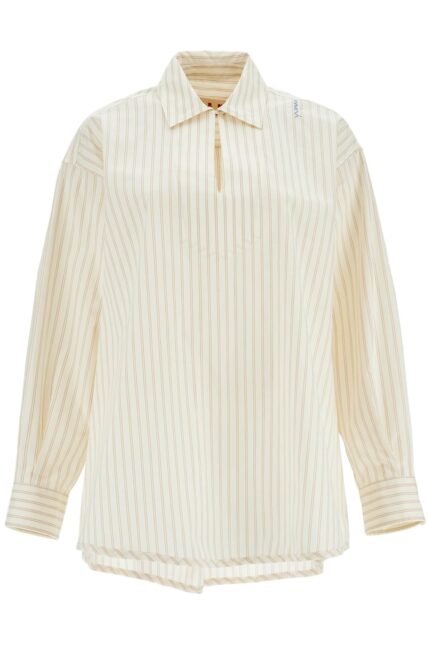 MARNI Ivory Striped Cotton Top With Embroidered Logo