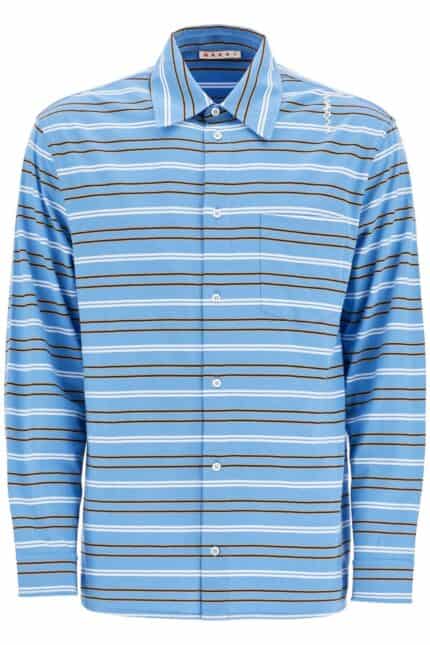 MARNI Light Blue Cotton Turtleneck Polo With Horizontal Stripes