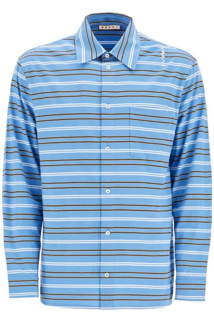 MARNI Light Blue Cotton Turtleneck Polo With Horizontal Stripes