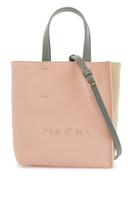 MARNI Pink And Beige Calfskin Shopping Bag With Gray Handles