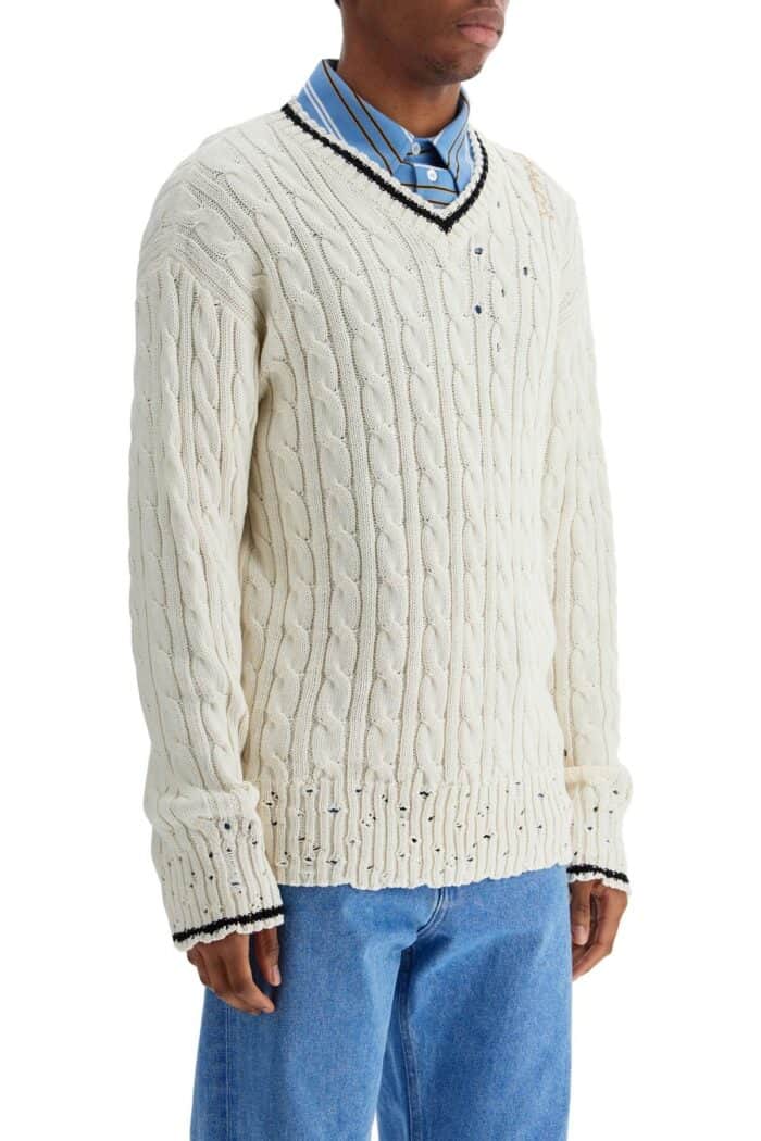 MARNI White Cotton Sweater With Cable Knit V-neck