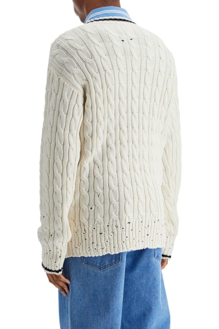 MARNI White Cotton Sweater With Cable Knit V-neck