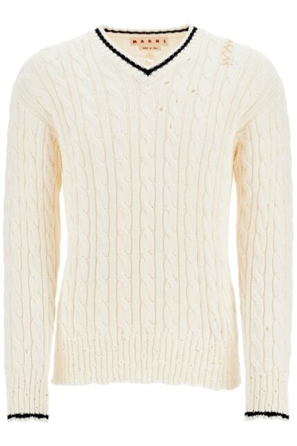 MARNI White Cotton Sweater With Cable Knit V-neck