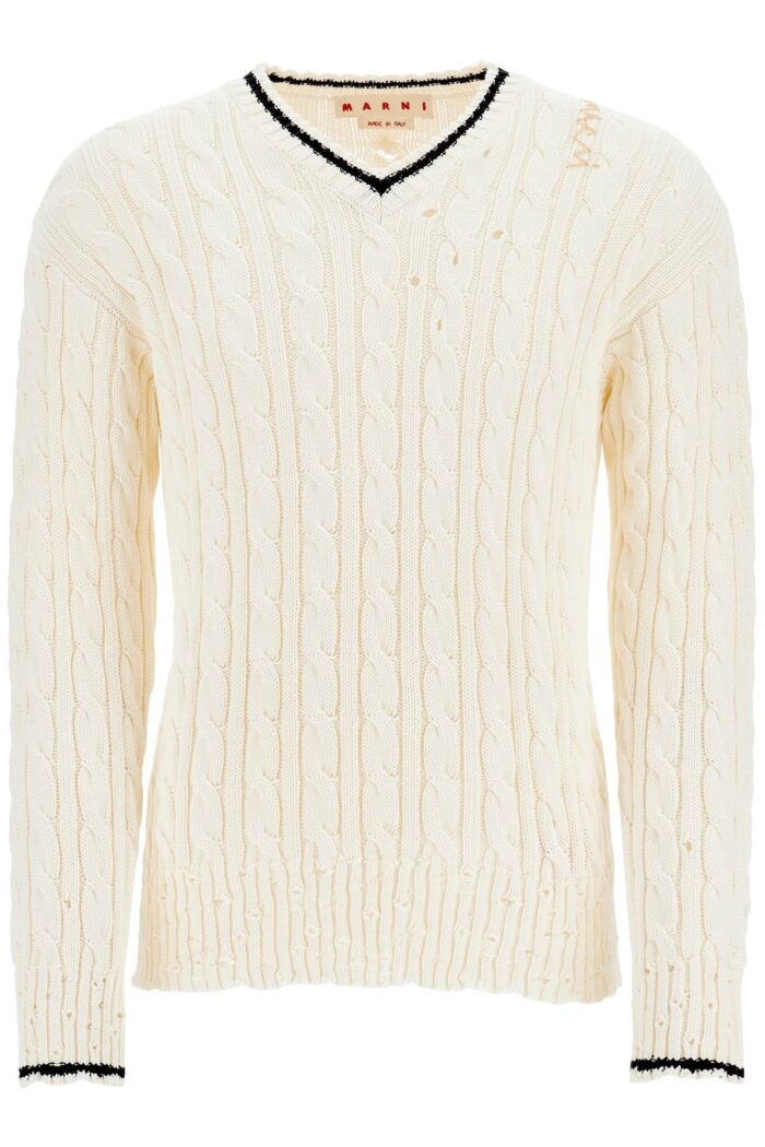 MARNI White Cotton Sweater With Cable Knit V-neck