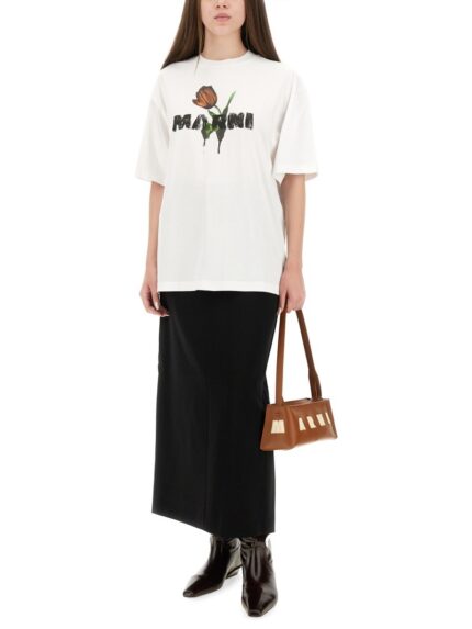 Marni WHITE COTTON T-SHIRT WITH TULIP PRINT