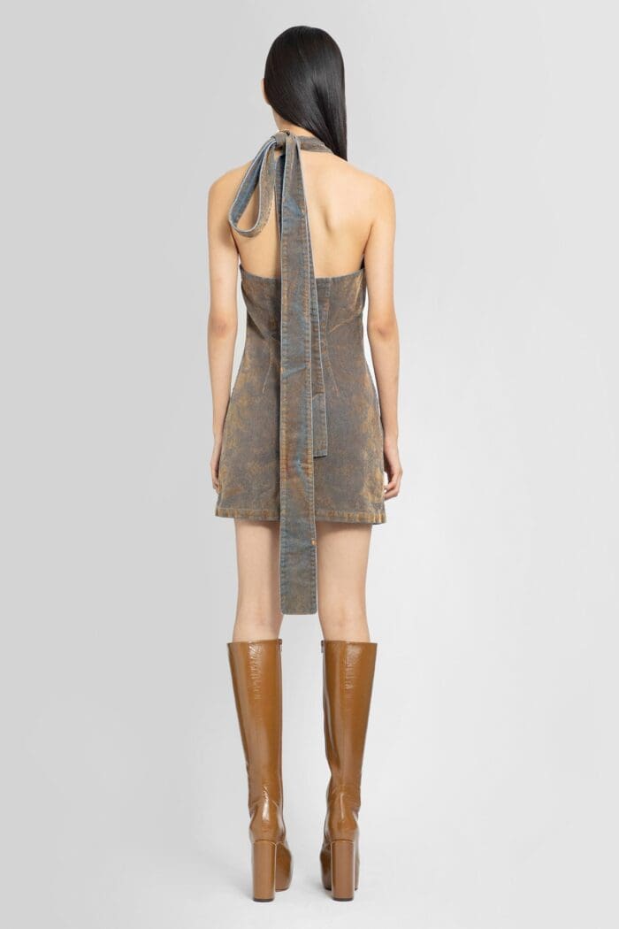 MASHA POPOVA Cowl Neck Rippled Denim Dress