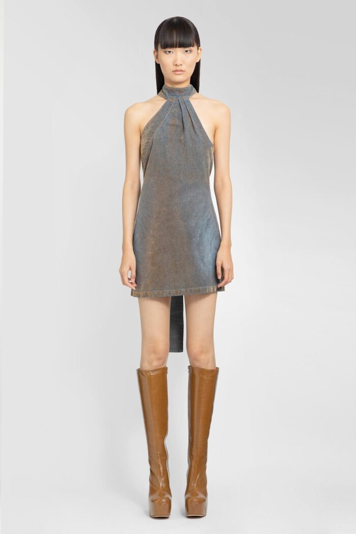 MASHA POPOVA Cowl Neck Rippled Denim Dress