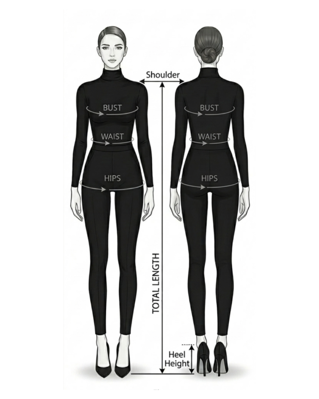 Comprehensive women's luxury apparel measurement guide illustration showing front and back views for bust, waist, hips, and total length.