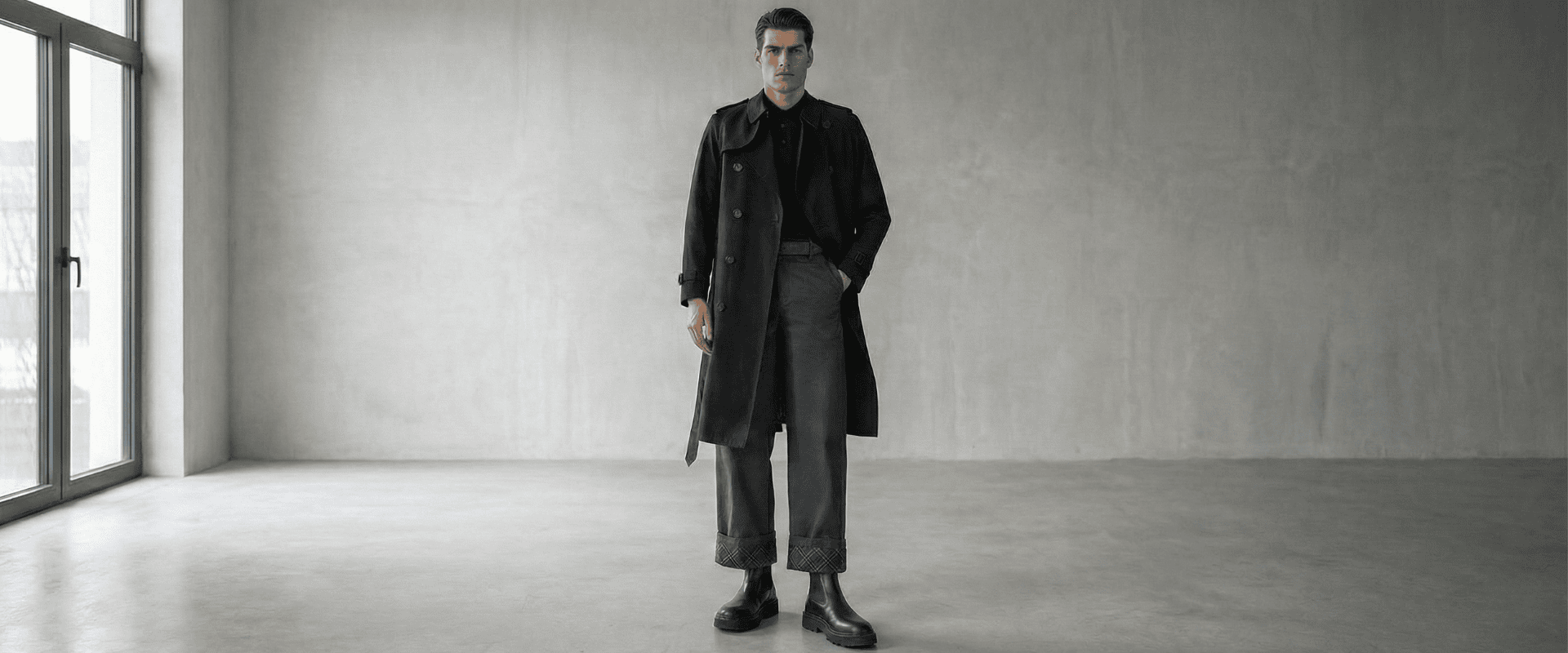 Men’s Spring Summer 2026 luxury fashion hero featuring a modern tailored trench coat look in a minimalist studio setting.