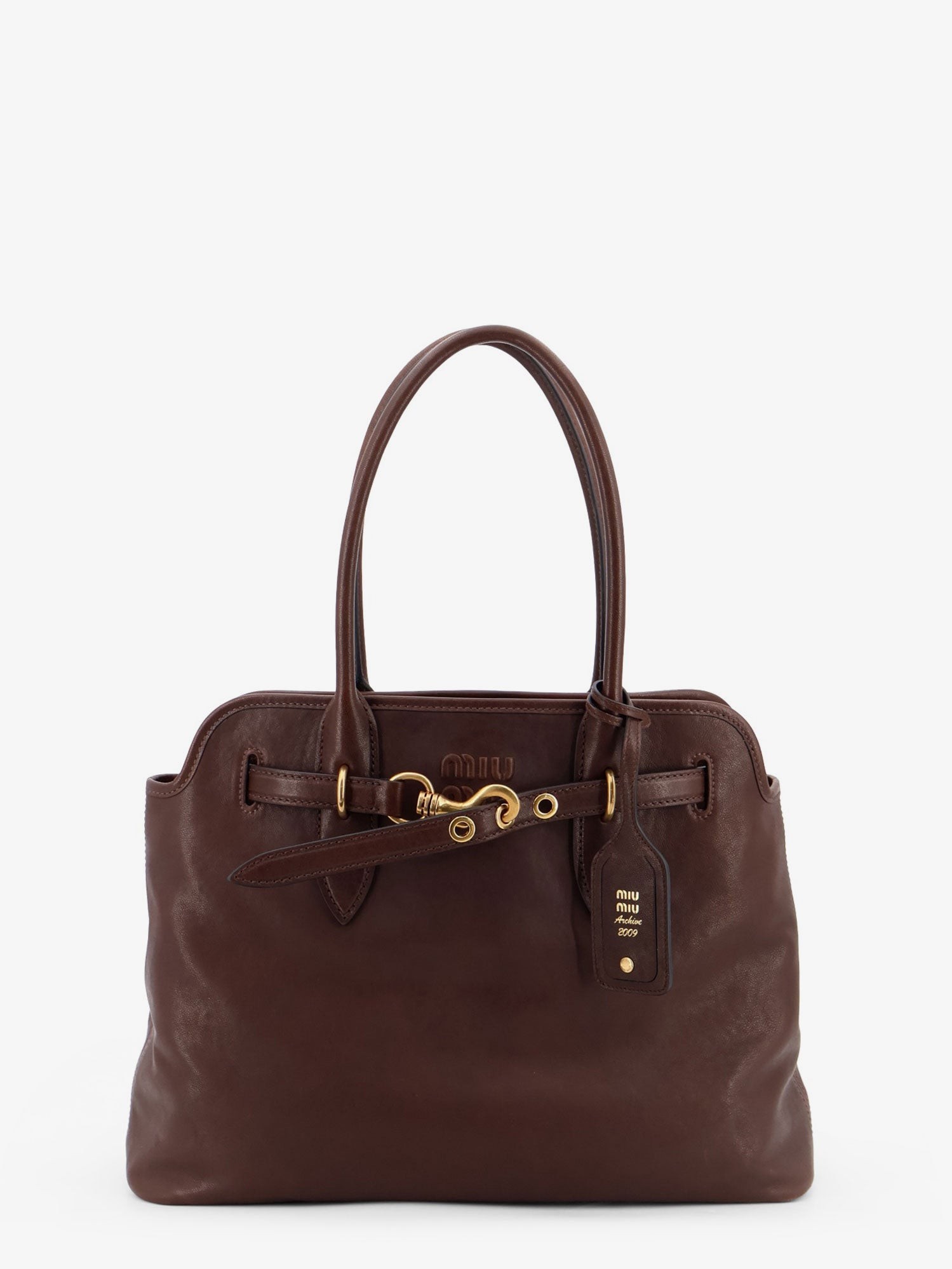 Miu Miu Aventure Leather Handbag With Front Lettering Logo