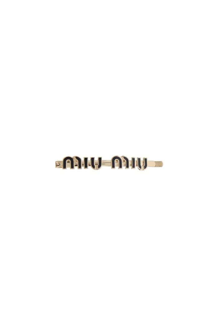 MIU MIU Black Hair Clip With Golden Logo In Brass