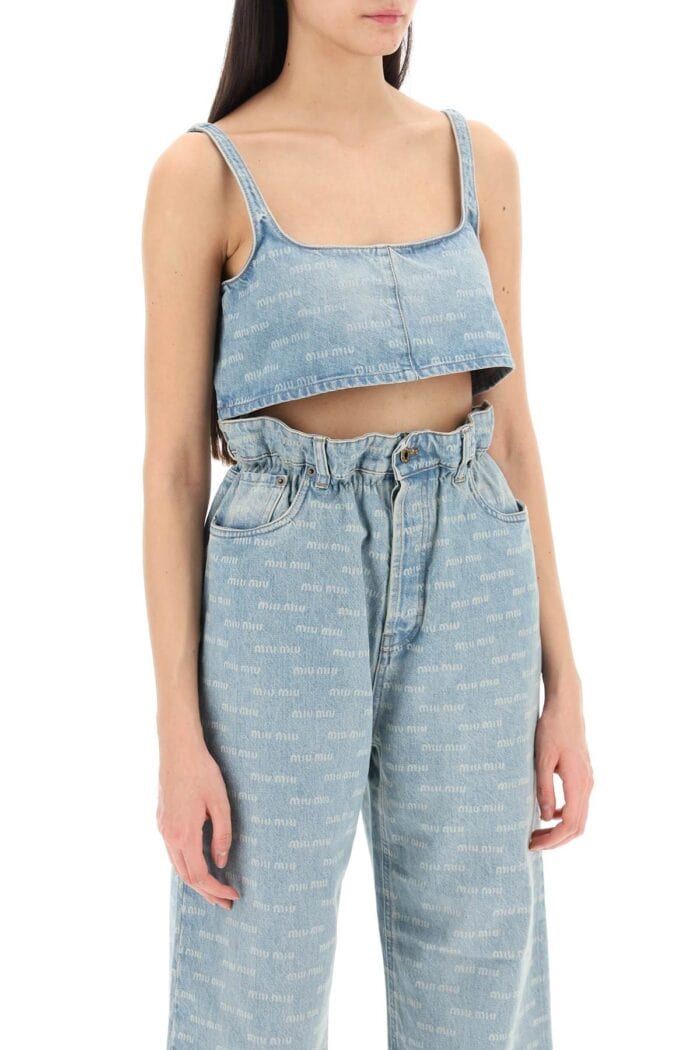 MIU MIU Denim Cropped Top With Logo Pattern