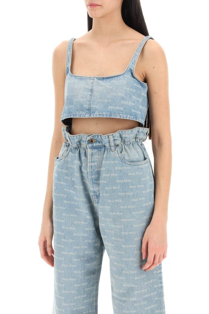 MIU MIU Denim Cropped Top With Logo Pattern