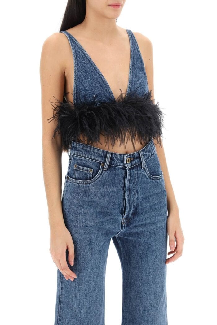 MIU MIU Feather-trimmed Denim Bra Top