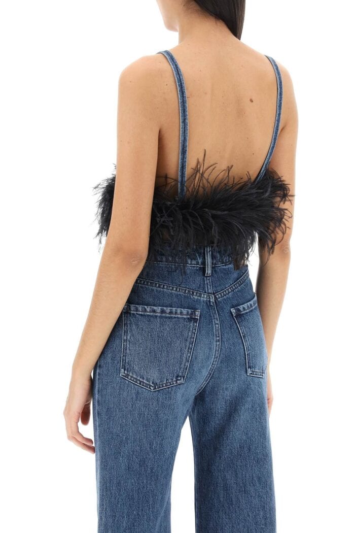 MIU MIU Feather-trimmed Denim Bra Top