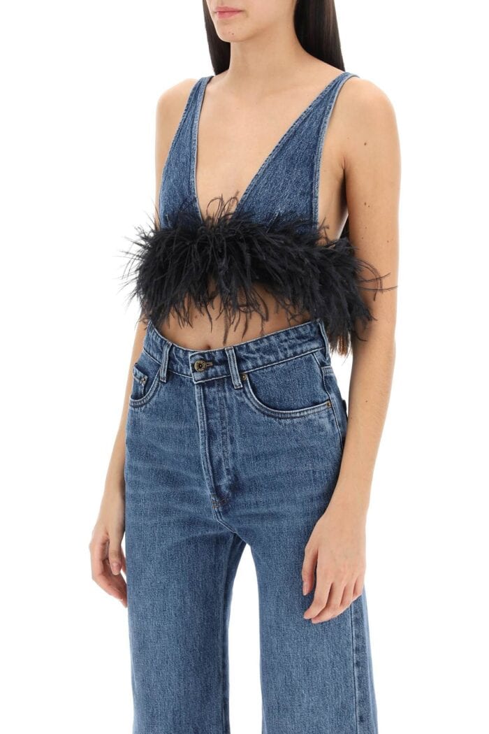 MIU MIU Feather-trimmed Denim Bra Top